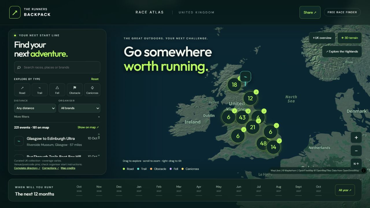 Race Atlas showing the UK event map, filters and race list
