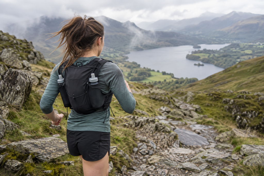 Runner wearing a hydration backpack on a trail
