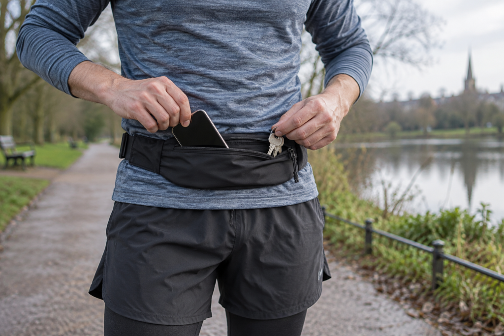 Runner wearing a low-profile running belt on a trail