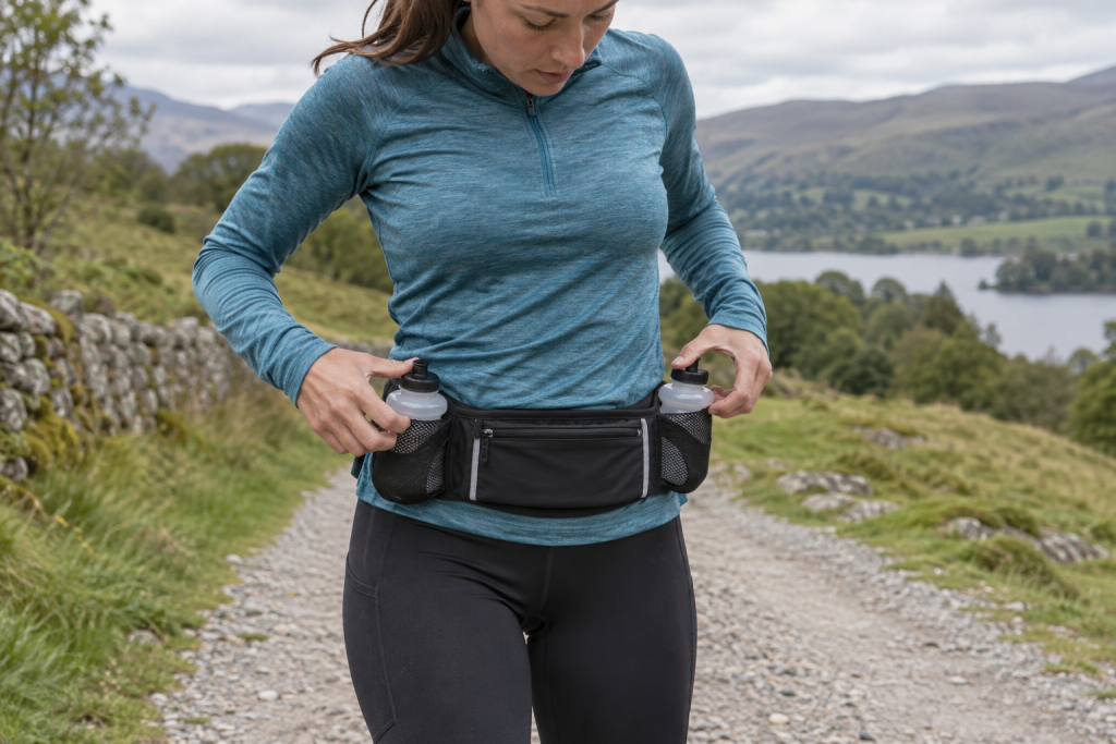 Runner wearing a hydration belt with accessible water bottles