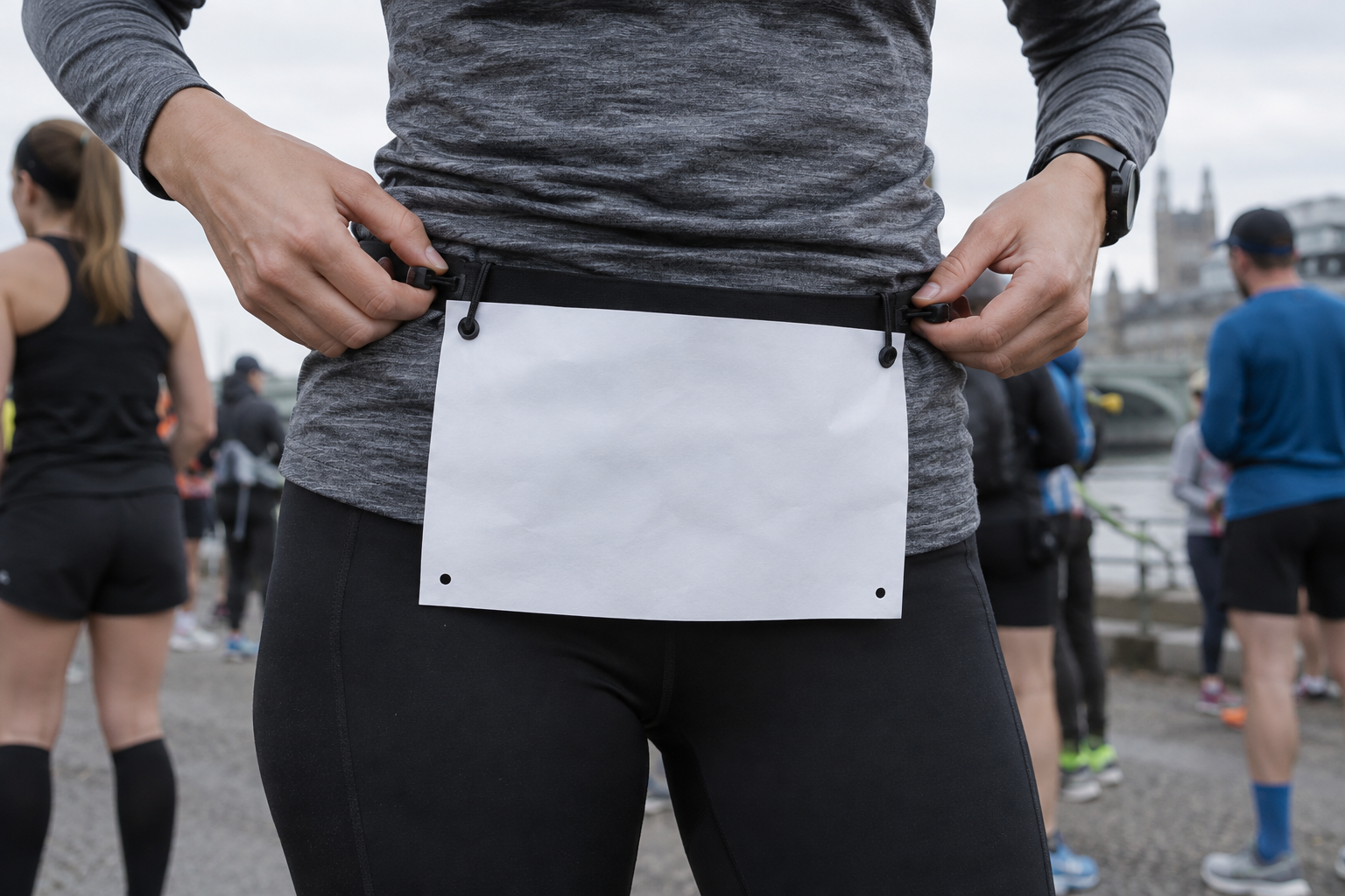Runner fastening a race number to a slim waist belt before an event