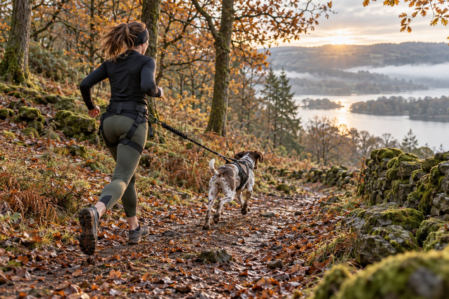 Runner on a woodland trail with a dog attached to a canicross hip belt and pulling harness