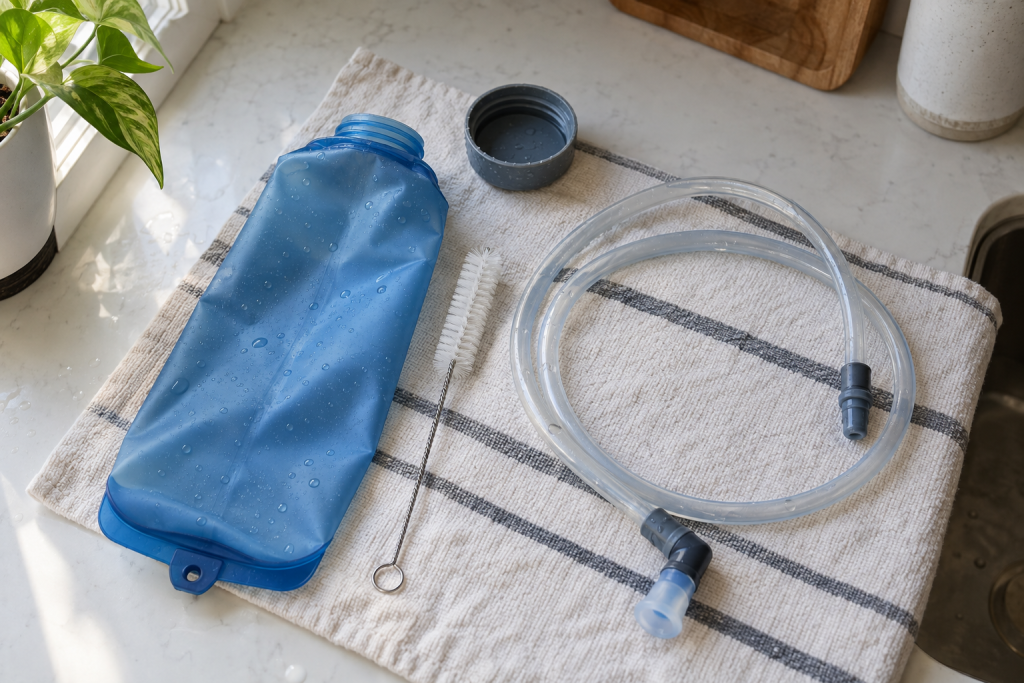 Soft flasks and hydration reservoir being cleaned