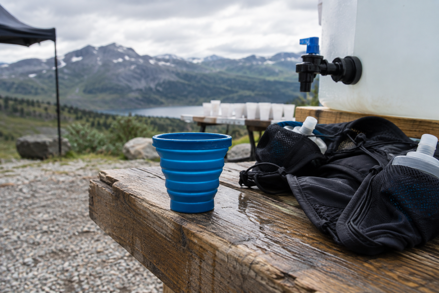 Reusable collapsible cup beside a trail vest at a race refill point
