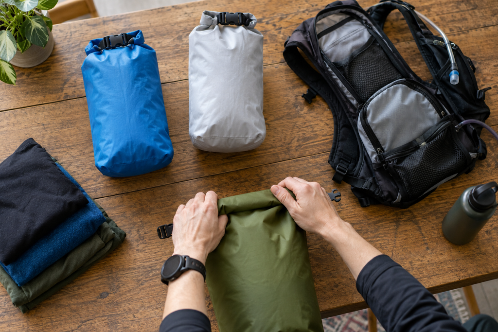 Dry bags protecting kit inside a running backpack