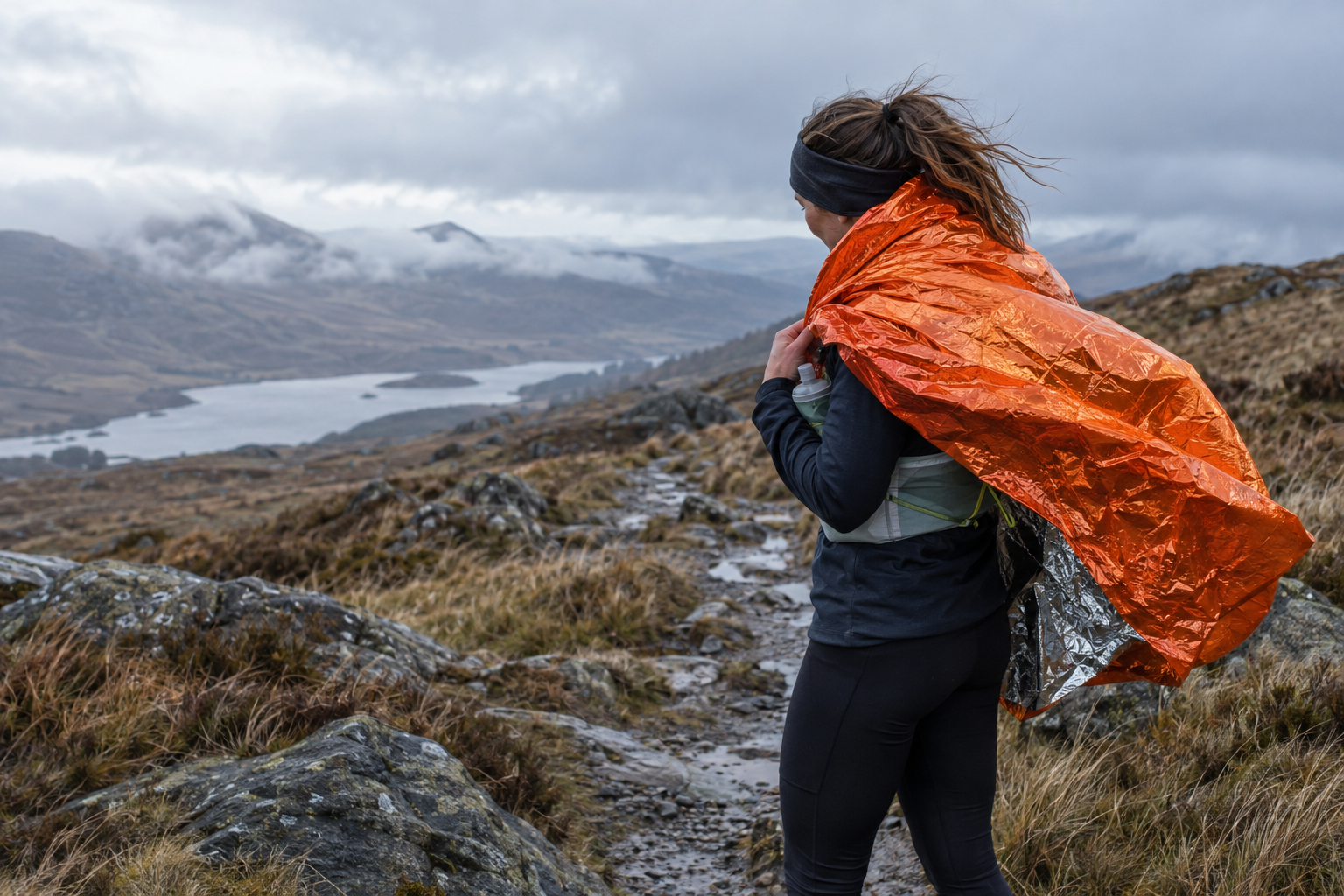 Trail runner wrapping an orange thermal blanket around their shoulders on a cold upland path