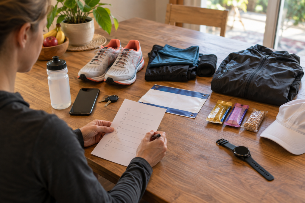 Race-day running kit laid out beside running shoes