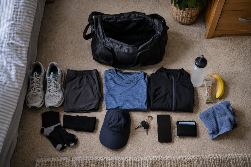 Half-marathon race bag and essential kit laid out