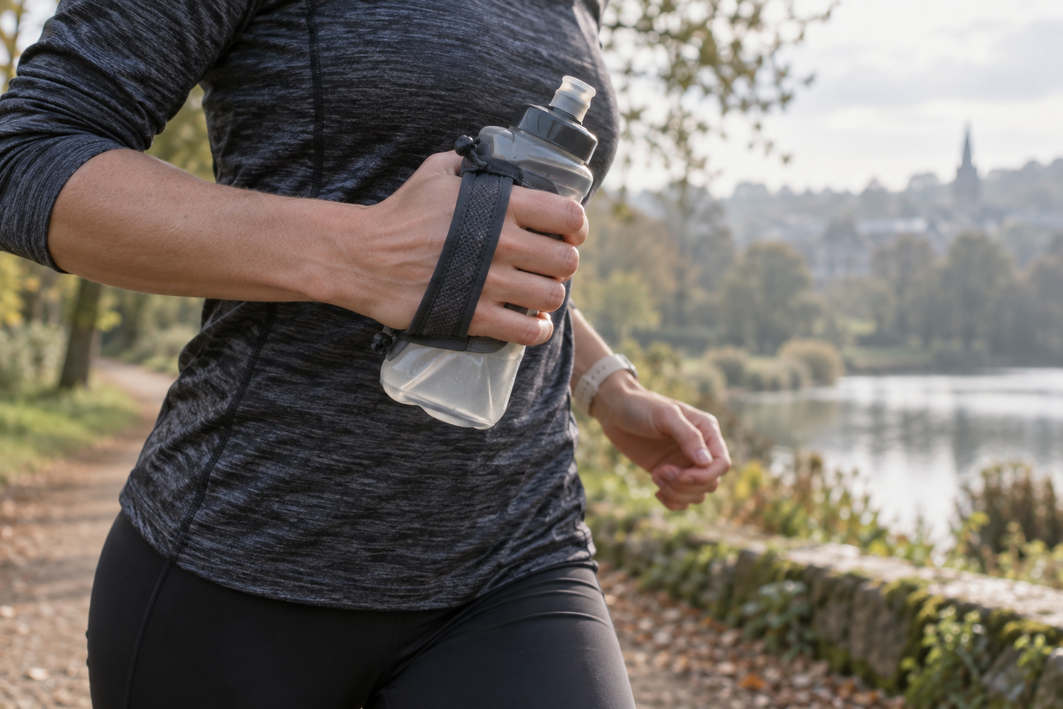 Runner holding a compact water bottle with a fabric hand strap on a trail