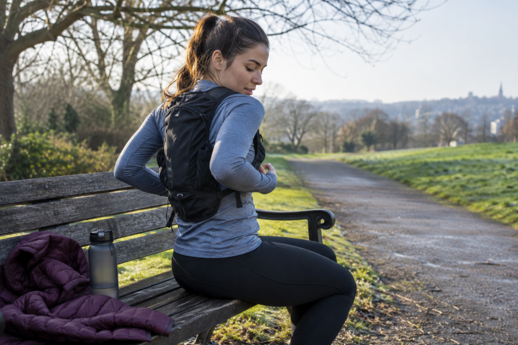 Runner trying a compact running backpack before a trail run