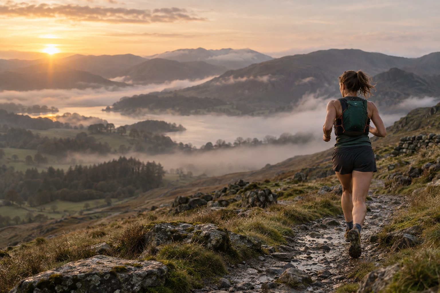 Trail runner wearing a hydration vest on a misty Lake District path