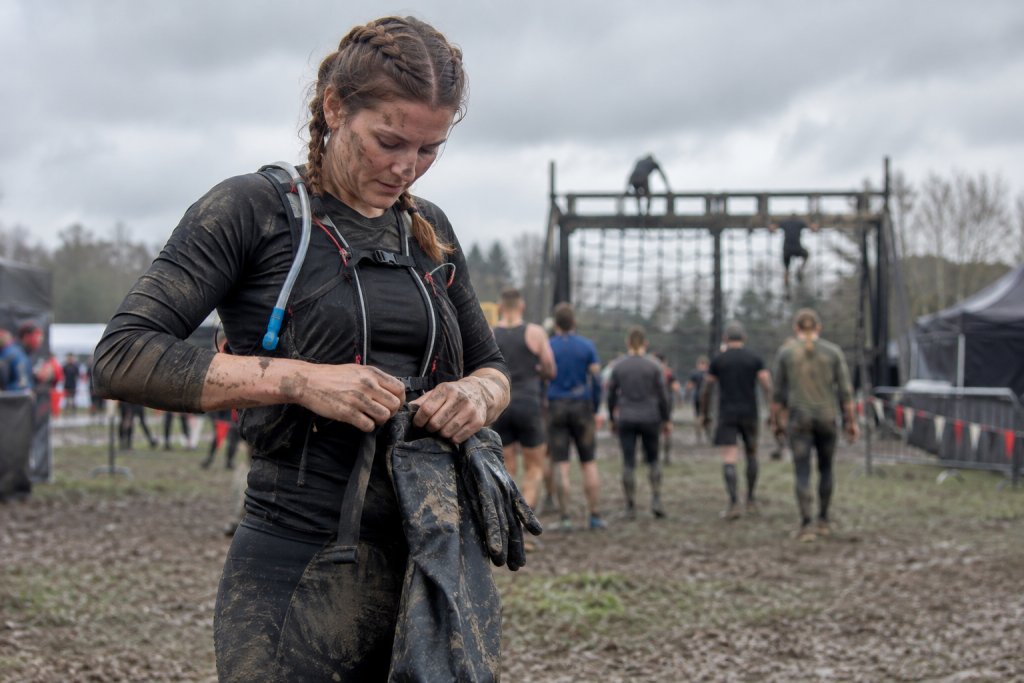Obstacle course race kit packed for a muddy event