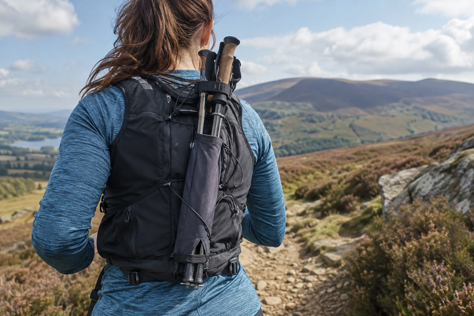 Folded trail poles secured in a quiver attached to a runner’s vest