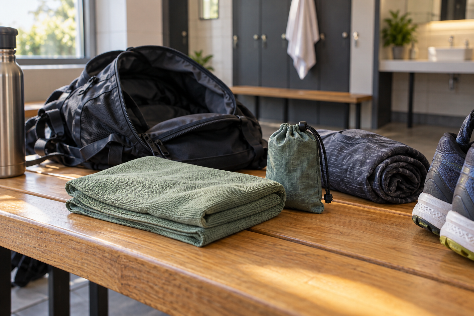 Compact green towel and pouch beside a running backpack and spare clothes on a changing-room bench