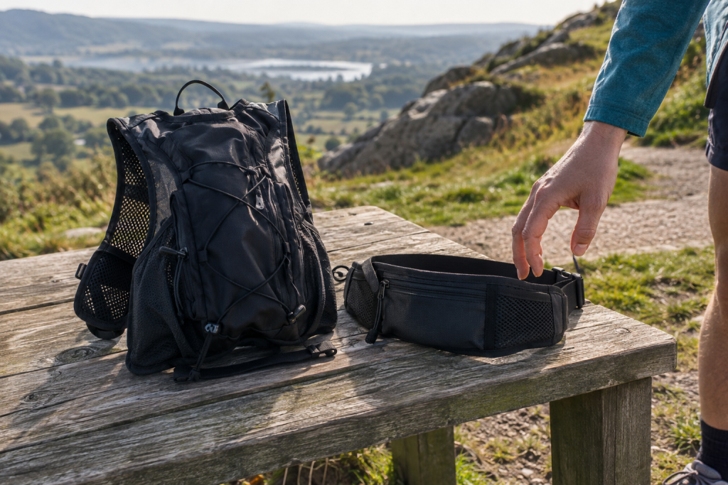 Running backpack and waist pack compared side by side