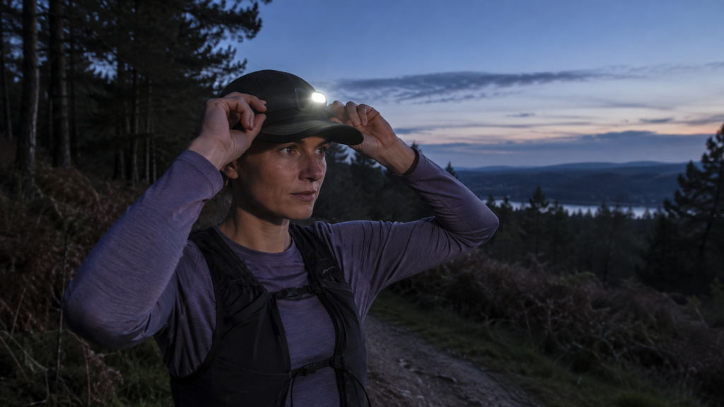 Runner using a headtorch on a dark trail
