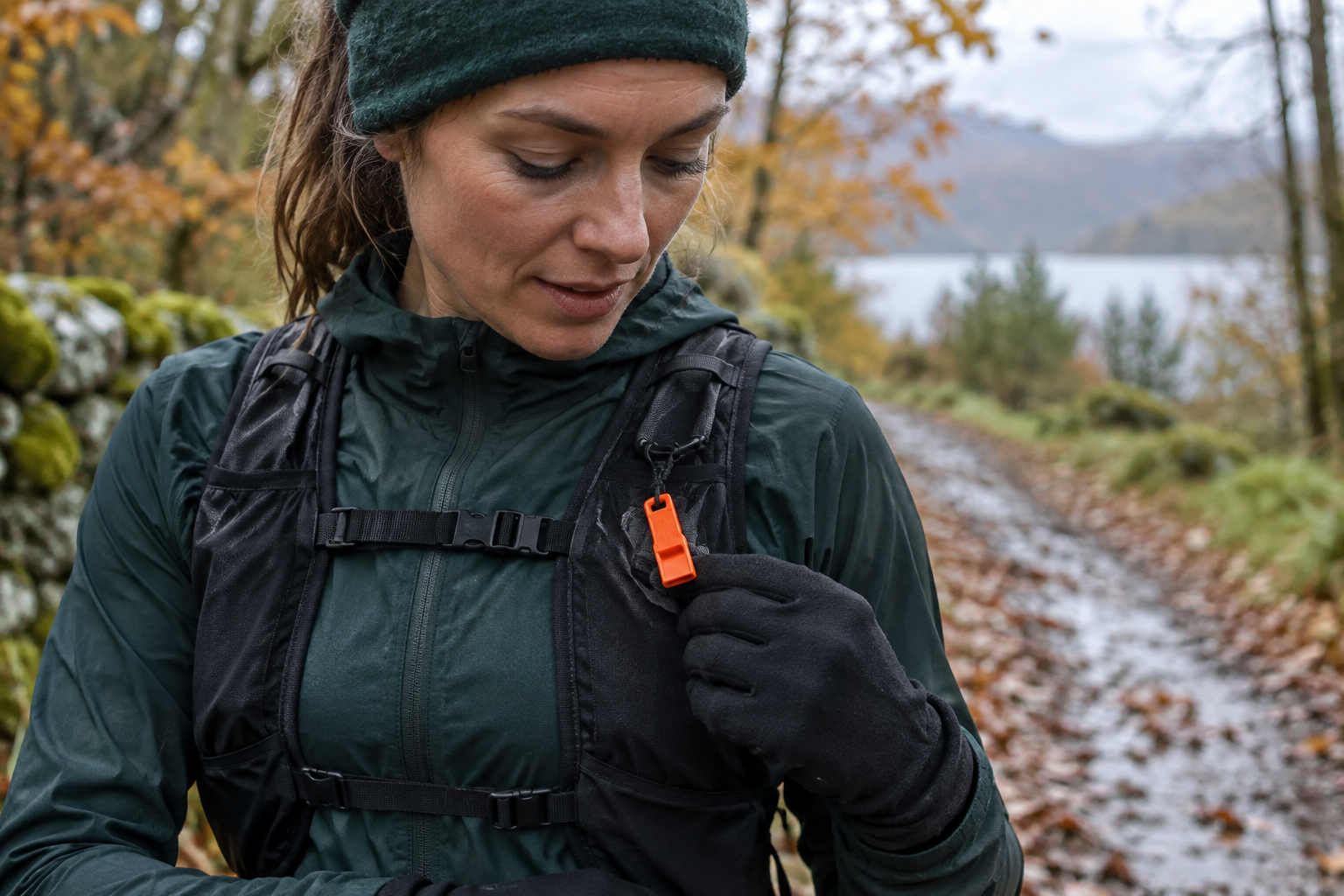Orange unbranded safety whistle clipped to a black running vest