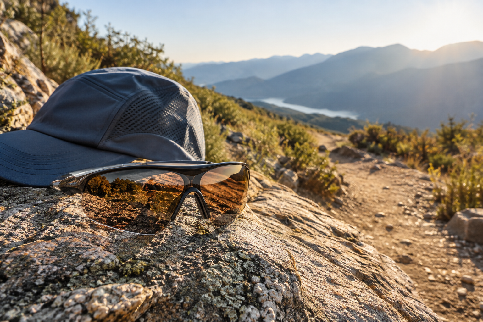 Wraparound running sunglasses and cap beside a sunny trail