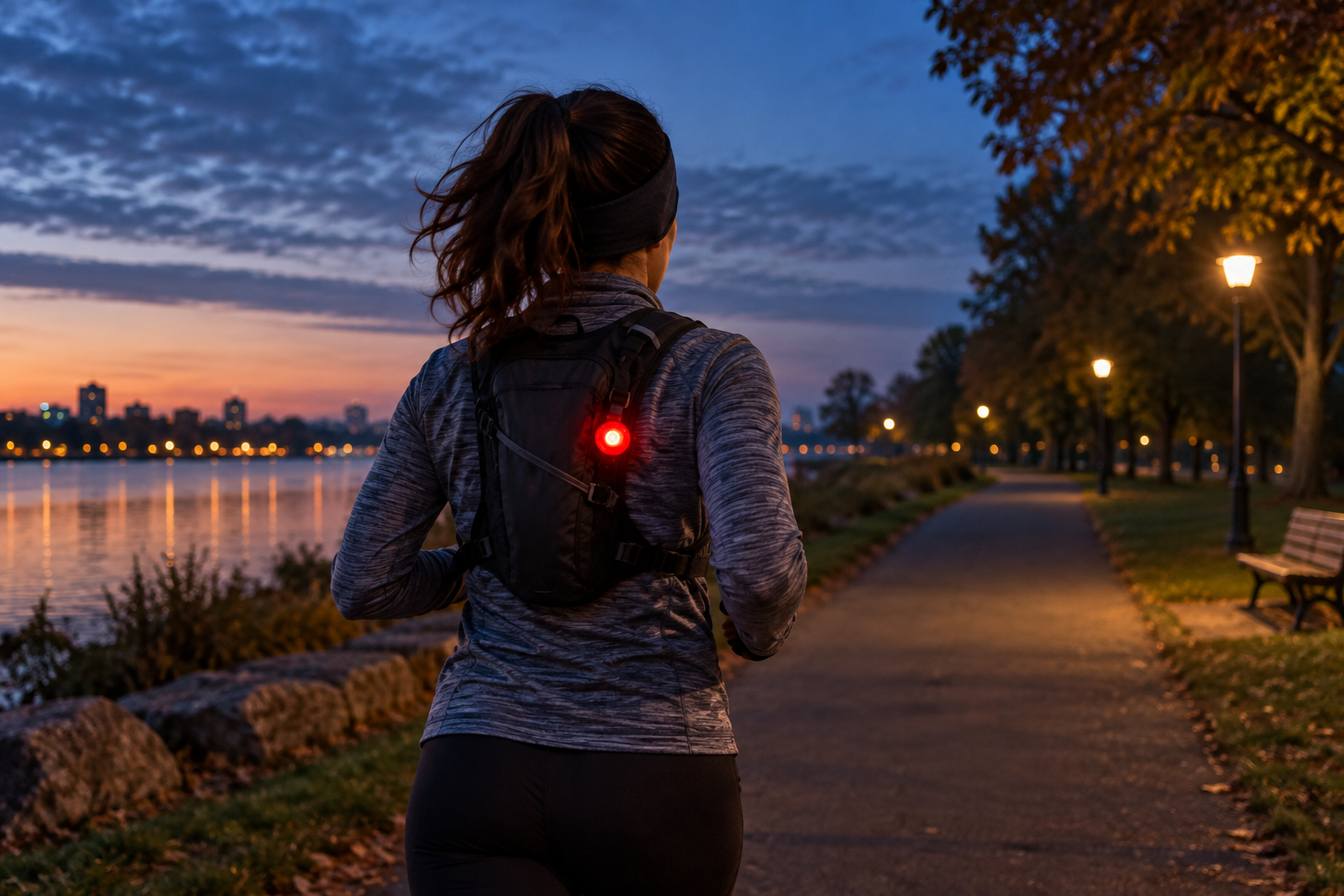 Runner wearing a red clip-on rear light on a pack strap at dusk