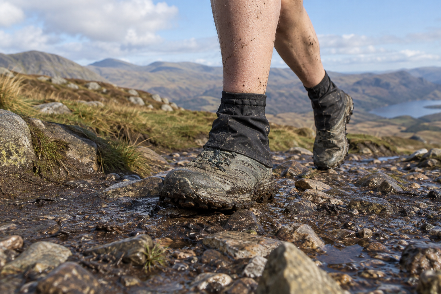 Low trail gaiters covering the tops of muddy running shoes on a rocky path