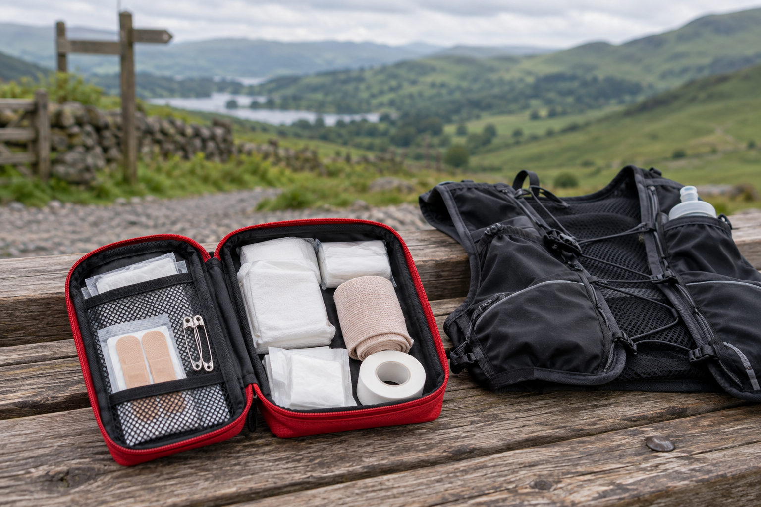 Compact unbranded first-aid pouch and running vest on a trailhead bench