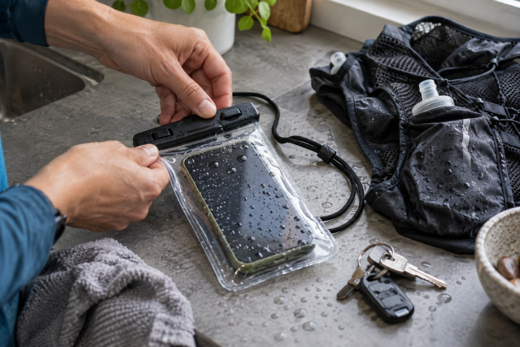 Phone protected in a waterproof pouch for running