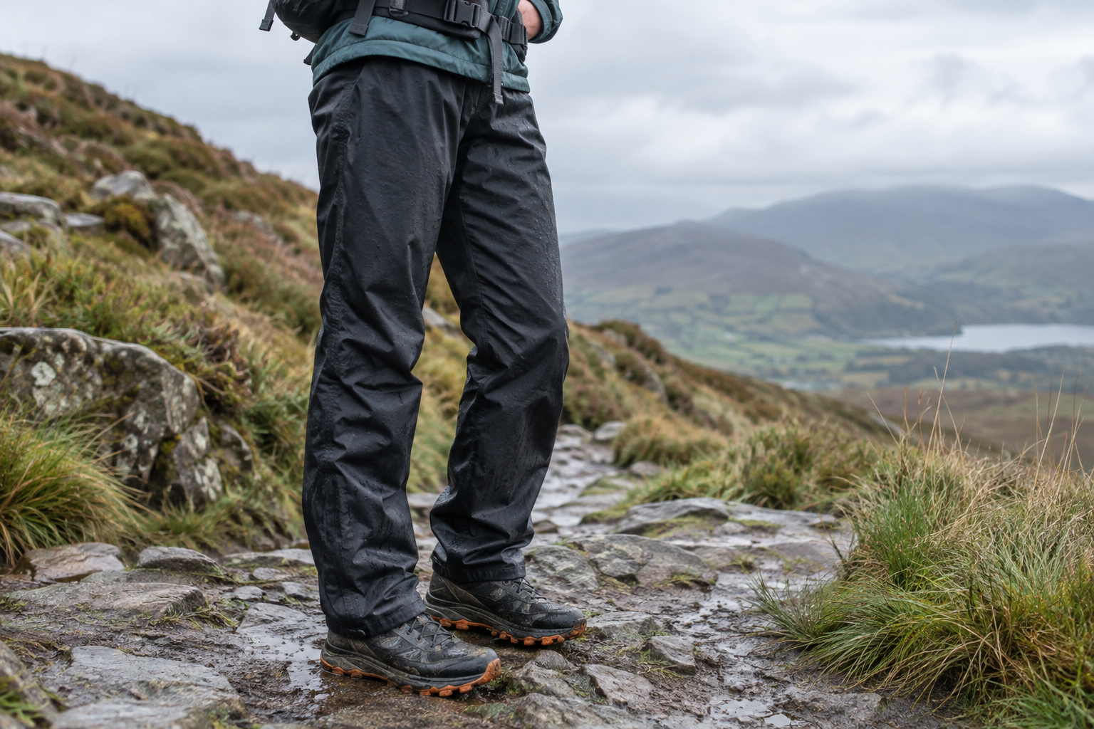 Runner wearing dark waterproof overtrousers and trail shoes on a damp upland path