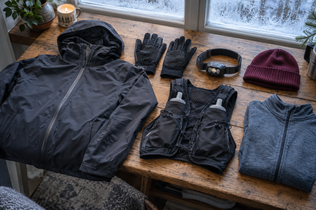Winter running clothing and kit laid out