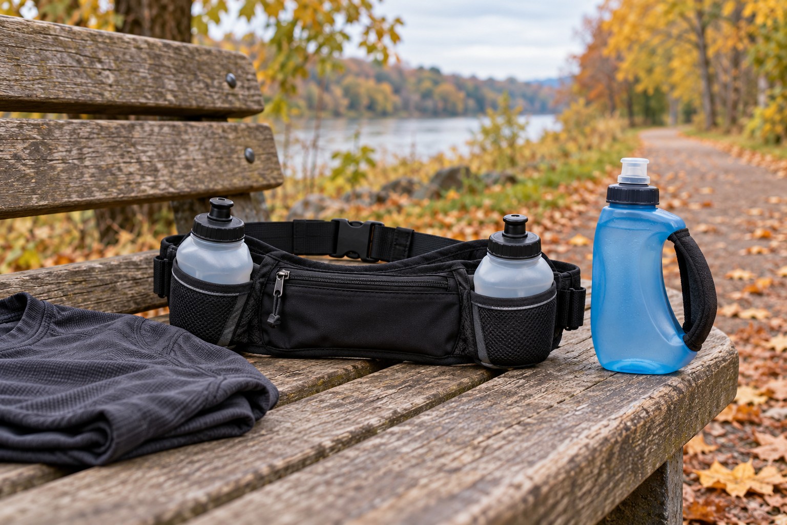 Two-bottle running waist belt and hand-strapped blue bottle on a park bench beside an autumn path