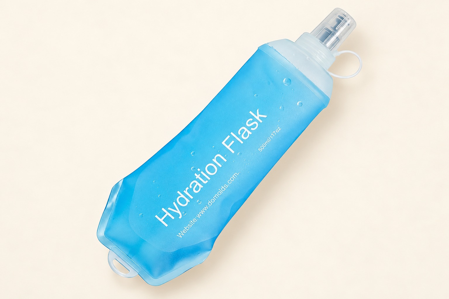 Product illustration of the blue AXEN 500ml soft flask with a covered bite valve