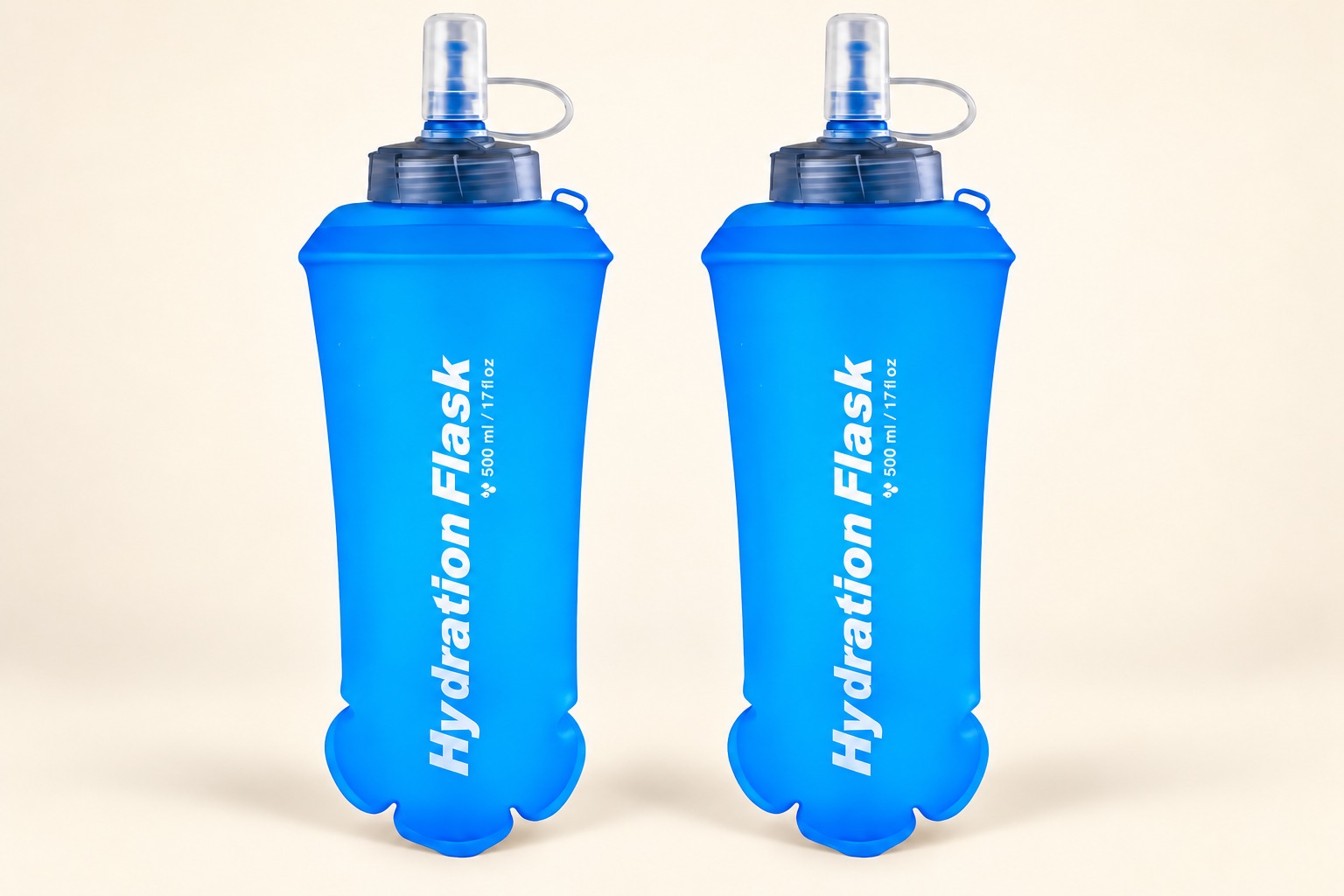 Product illustration of two blue Azarxis 500ml soft flasks with covered valves
