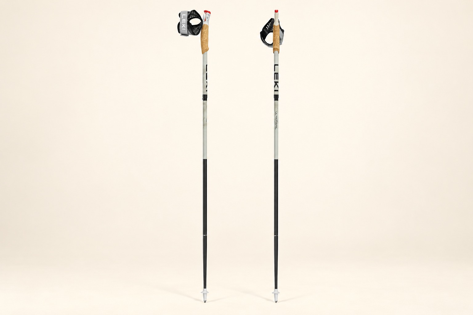 Product illustration of a pair of deployed LEKI Ultratrail FX.One poles with their hand straps