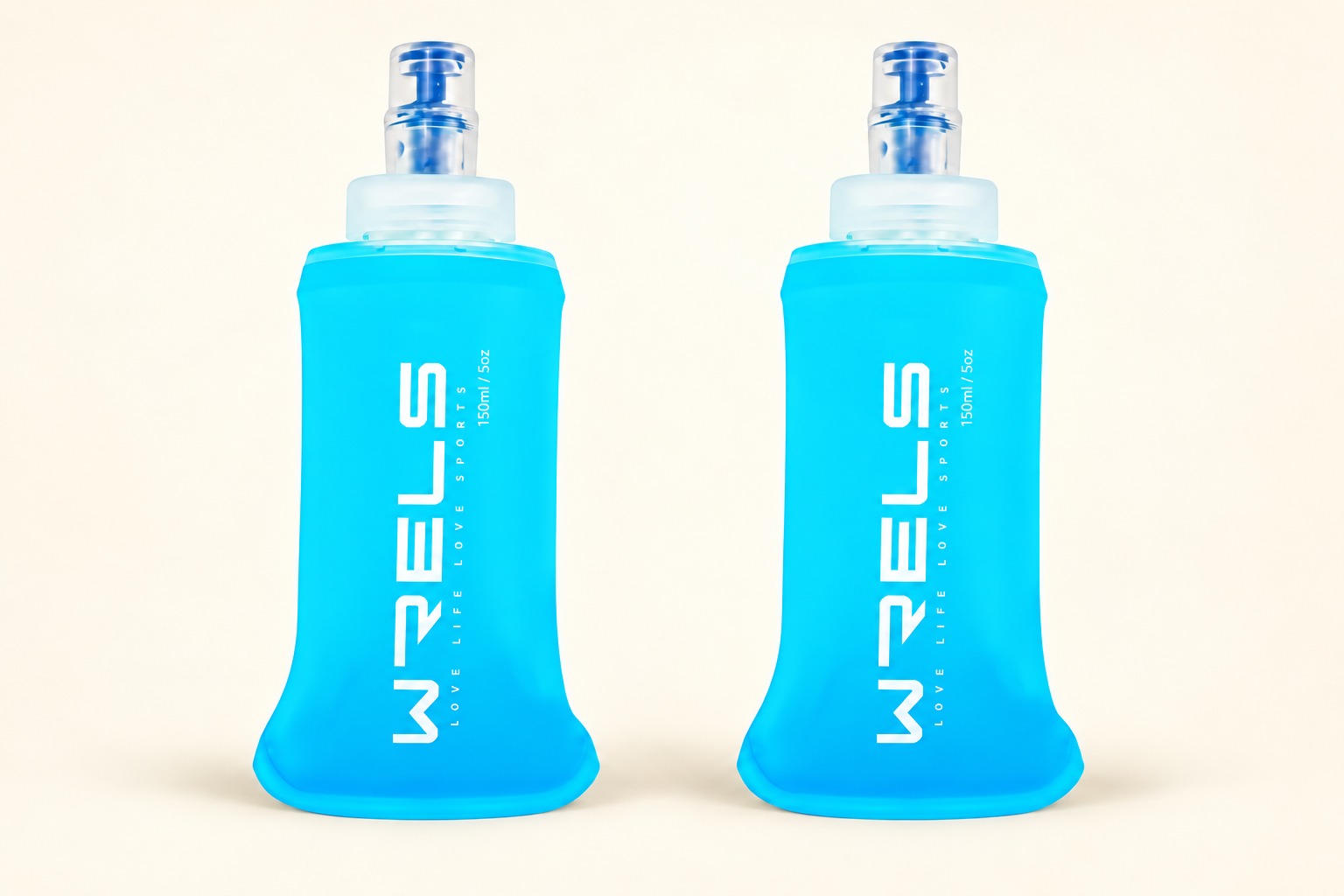 Product illustration of two turquoise WRELS 150ml fuel flasks