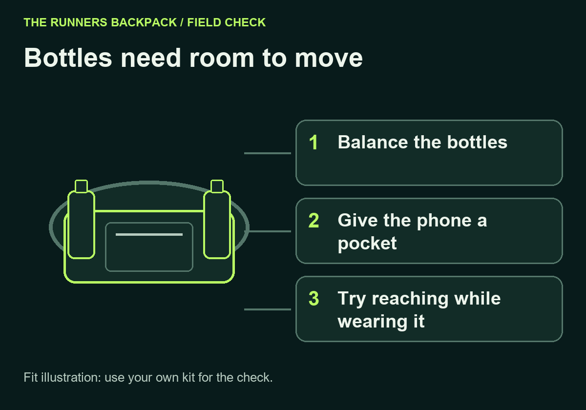 Diagram: Bottles need room to move. Balance the bottles; Give the phone a pocket; Try reaching while wearing it