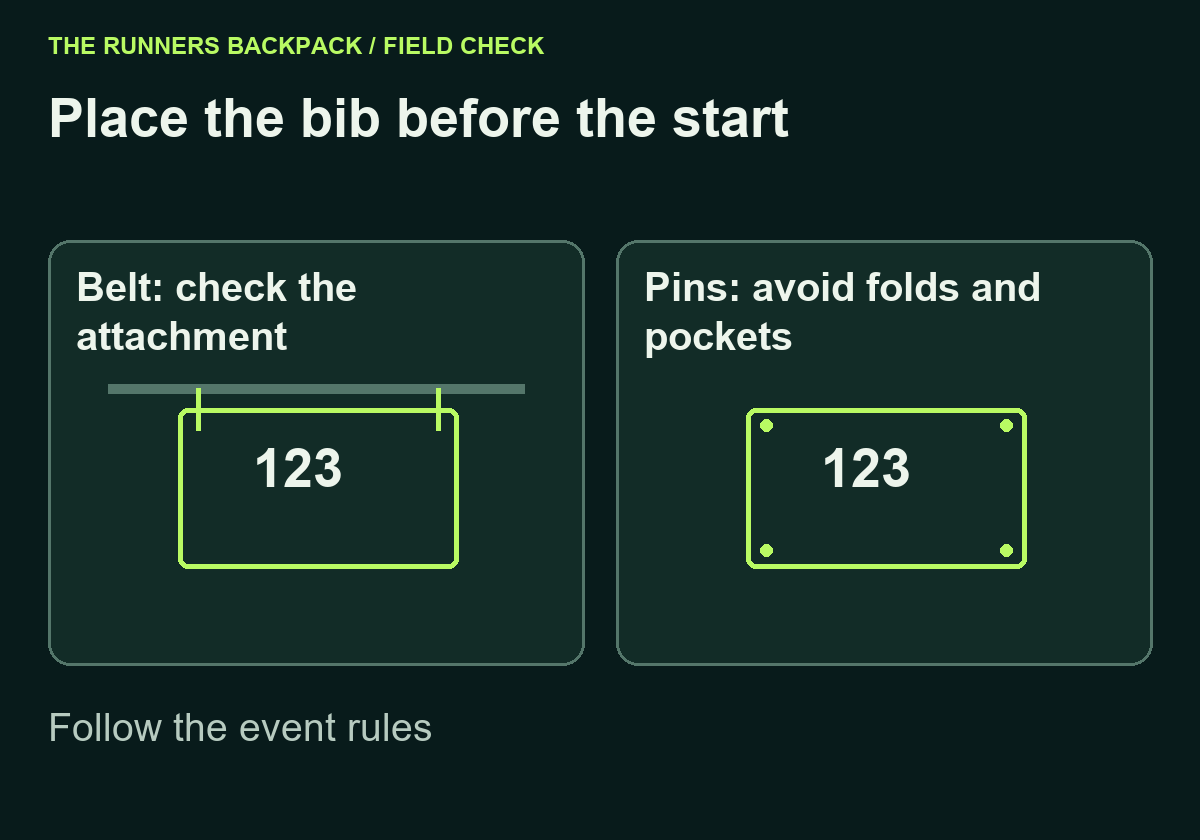 Diagram: Place the bib before the start. Belt: check the attachment; Pins: avoid folds and pockets; Follow the event rules