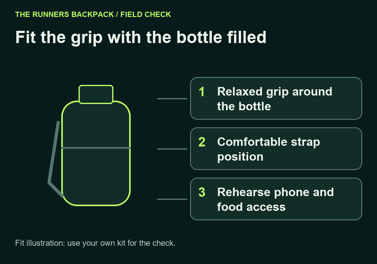 Diagram: Fit the grip with the bottle filled. Relaxed grip around the bottle; Comfortable strap position; Rehearse phone and food access