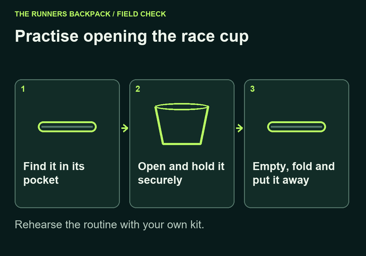 Diagram: Practise opening the race cup. Find it in its pocket; Open and hold it securely; Empty, fold and put it away