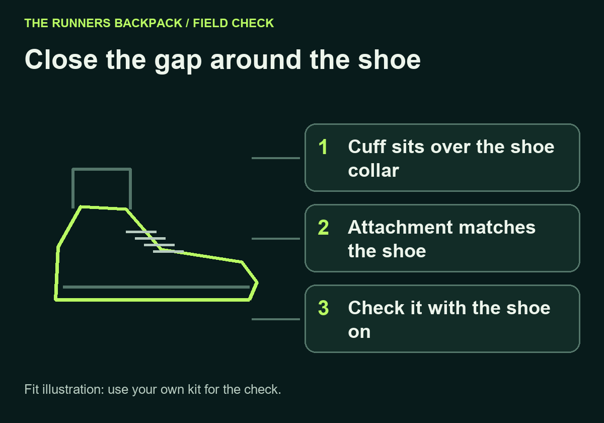 Diagram: Close the gap around the shoe. Cuff sits over the shoe collar; Attachment matches the shoe; Check it with the shoe on