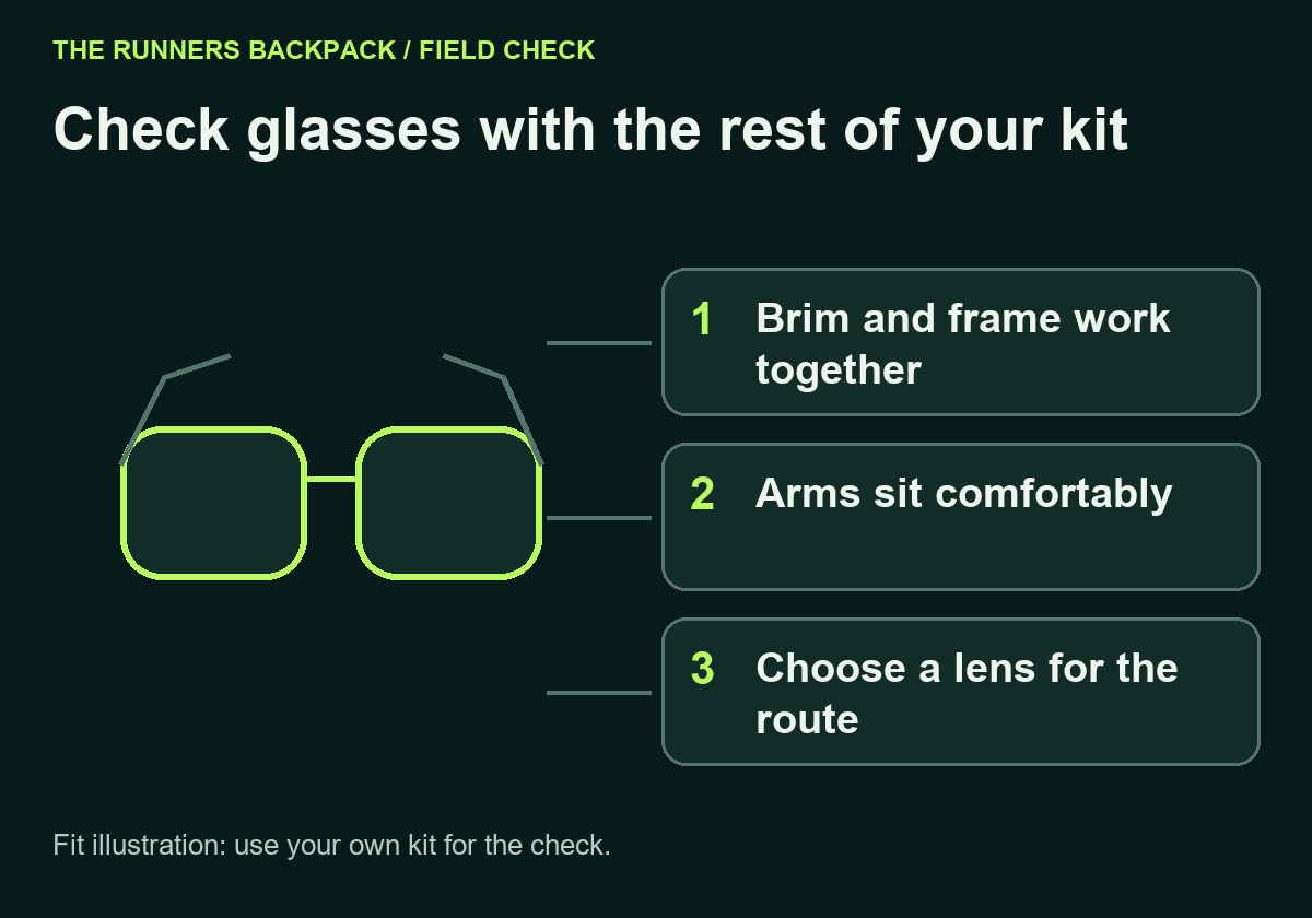 Diagram: Check glasses with the rest of your kit. Brim and frame work together; Arms sit comfortably; Choose a lens for the route