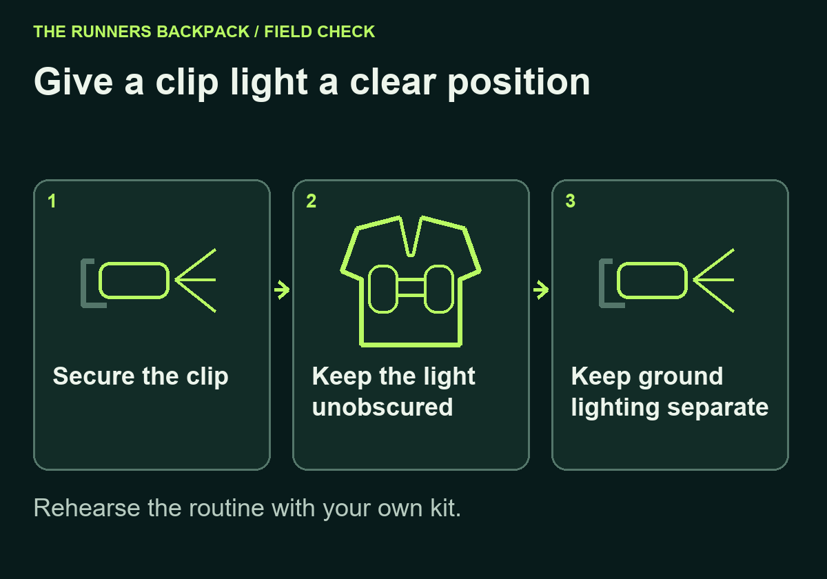 Diagram: Give a clip light a clear position. Secure the clip; Keep the light unobscured; Keep ground lighting separate