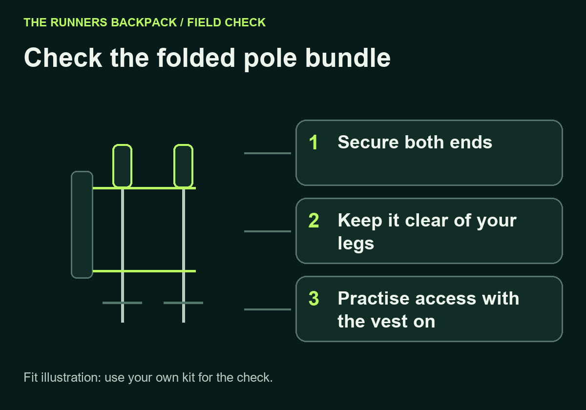 Diagram: Check the folded pole bundle. Secure both ends; Keep it clear of your legs; Practise access with the vest on