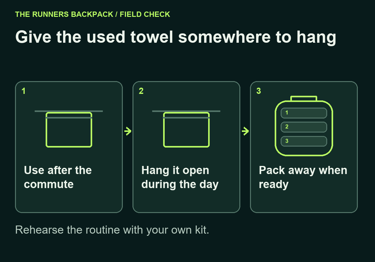 Diagram: Give the used towel somewhere to hang. Use after the commute; Hang it open during the day; Pack away when ready