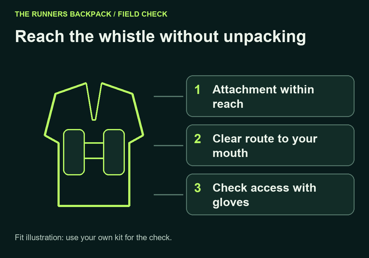 Diagram: Reach the whistle without unpacking. Attachment within reach; Clear route to your mouth; Check access with gloves