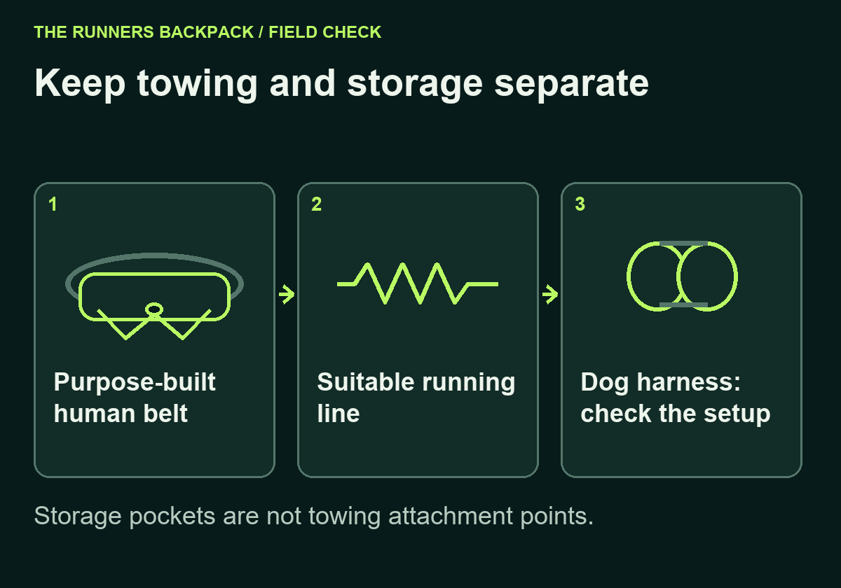 Diagram: Keep towing and storage separate. Purpose-built human belt; Suitable running line; Dog harness: check the setup