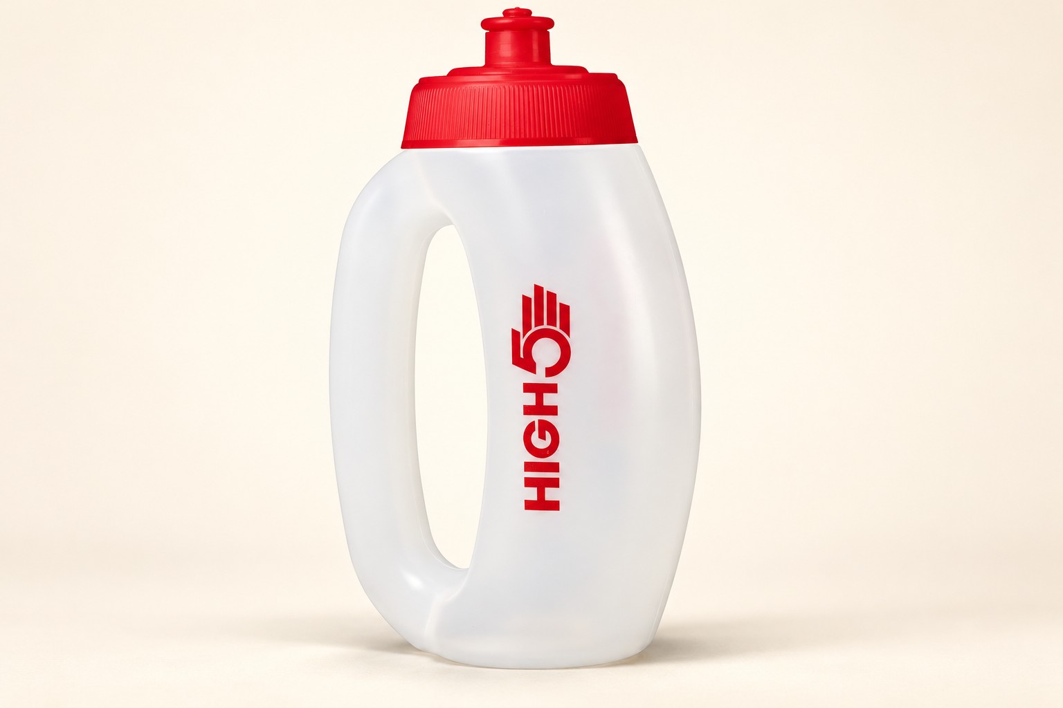 HIGH5 translucent 350ml running bottle with integrated hand opening, red cap and original red branding