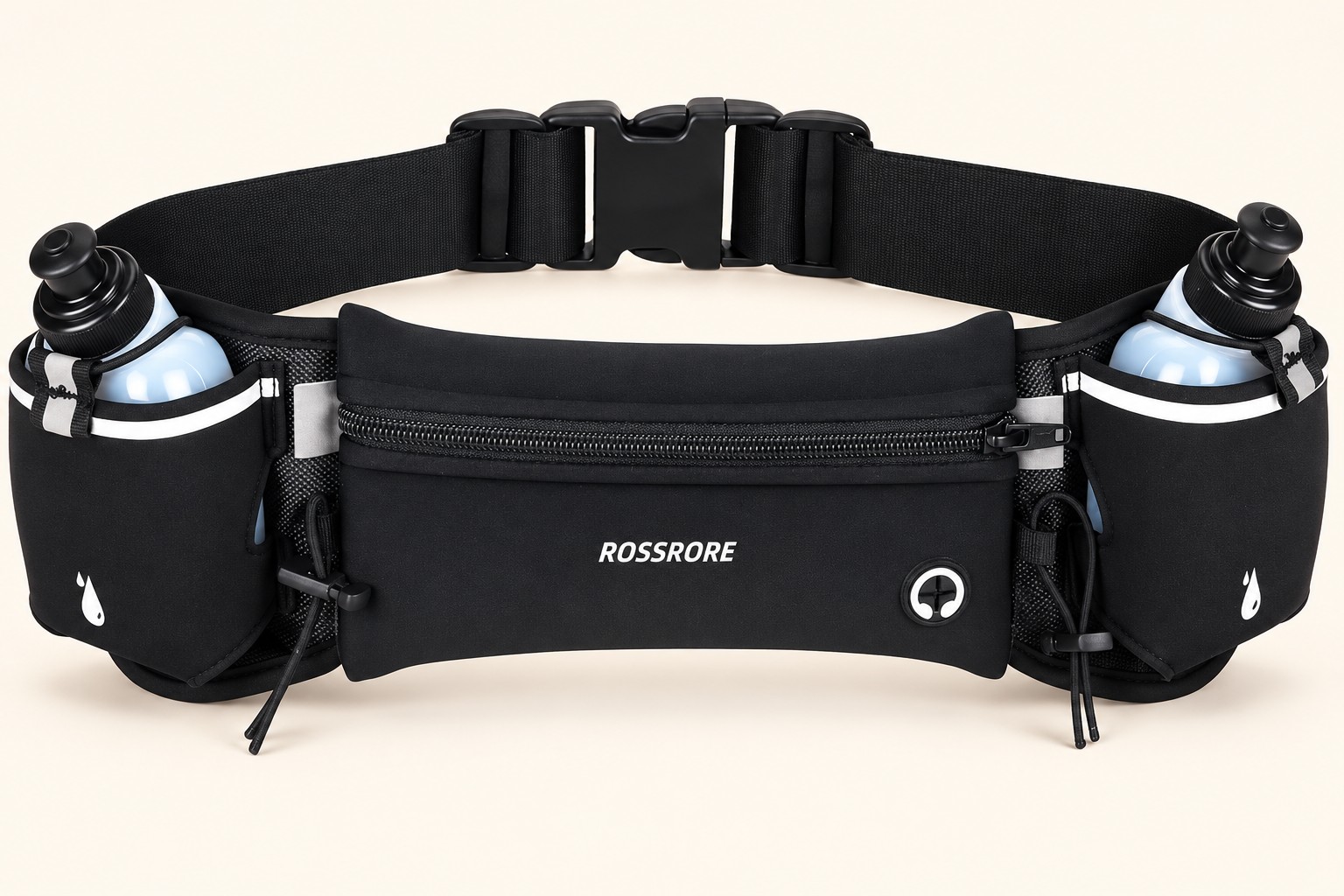 ROSSRORE hydration belt with two small bottles, central zipped pocket, elastic retainers and adjustable buckle strap