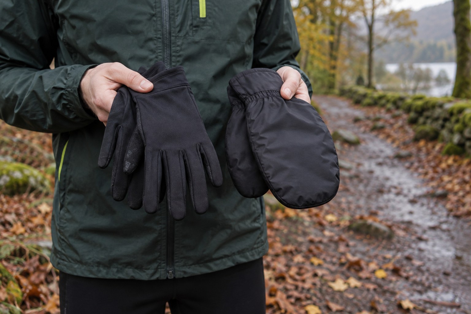 Light five-finger running gloves and mittens held side by side on an autumn trail