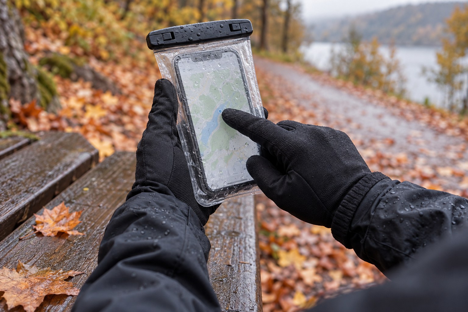 A gloved runner checking a phone screen through a clear wet-weather pouch