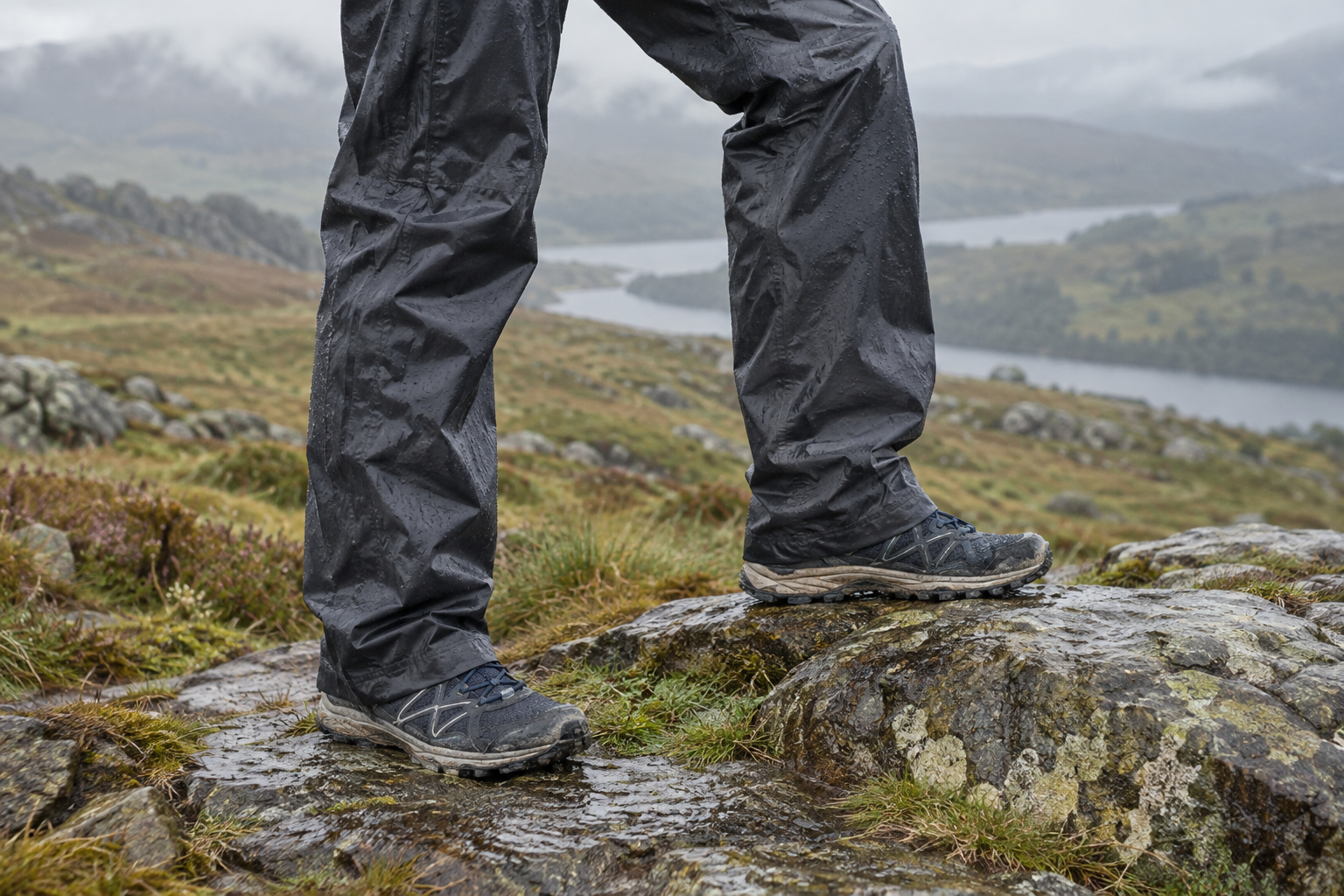Illustration of lightweight waterproof overtrousers covering trail shoes on wet stone